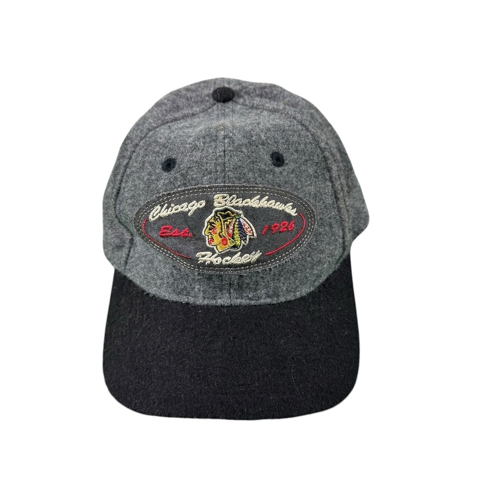 Sport Specialties Chicago Blackhawks VTG 90s Wool Strapback Hat Gray Black NHL